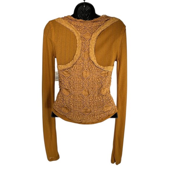 FREE PEOPLE Taylor Top Sz M Gold-Brown Lace Panel Rib Raglan Sleeve Cotton Blend - Picture 8 of 14